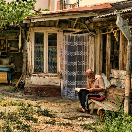 Old man in garden reading