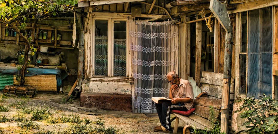 Old man in garden reading