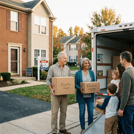 Older couple and younger family loading labeled moving boxes into truck