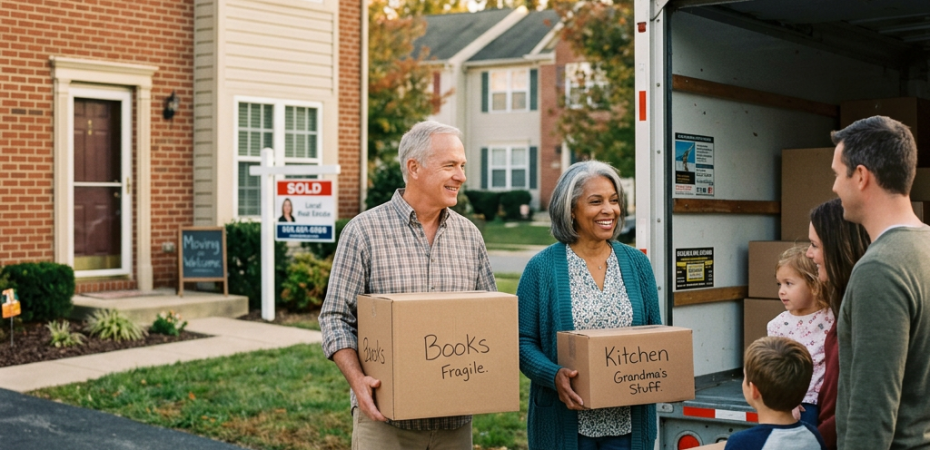 Older couple and younger family loading labeled moving boxes into truck