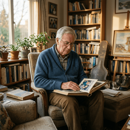Elderly man sitting in armchair, looking at photos in a photo album