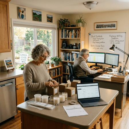 Couple working on packaging candles and financial tasks in home office kitchen
